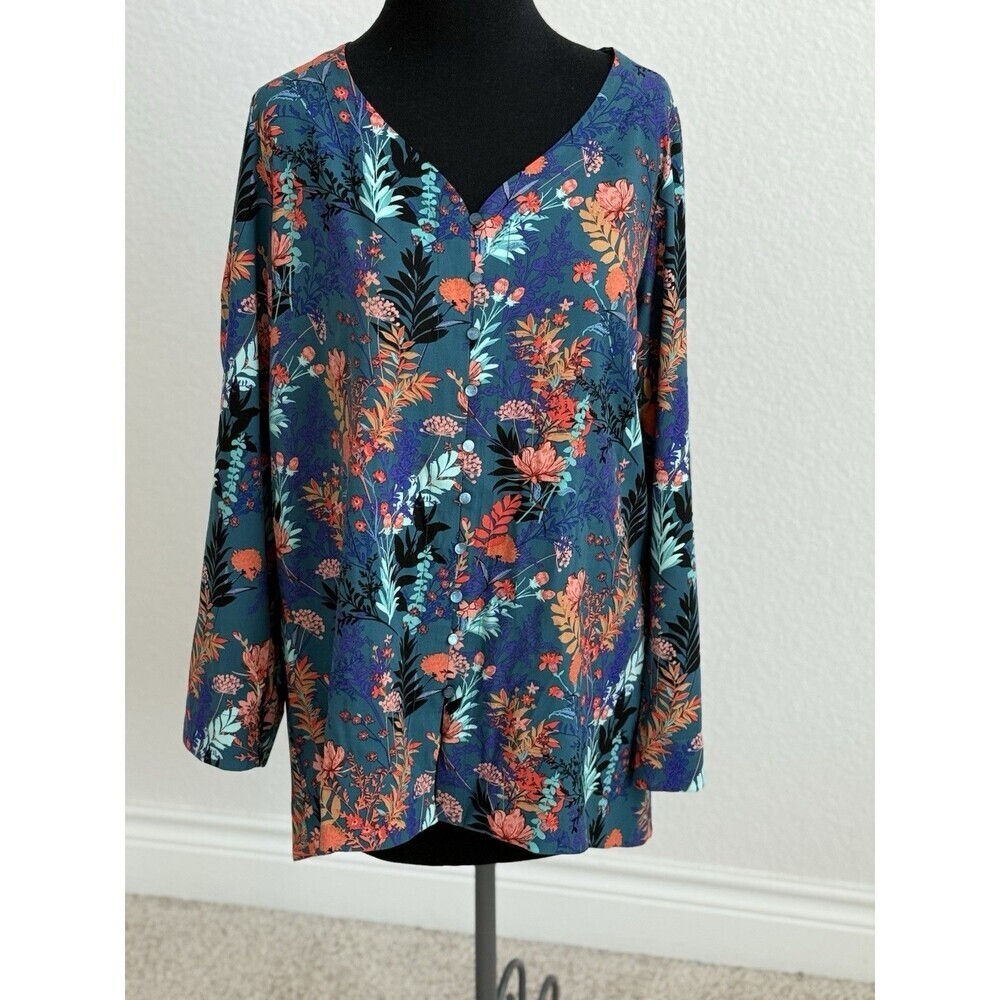 Soft Surroundings Women’s M Blouse‎ Nova Tunic Teal Green Floral Print Button Up